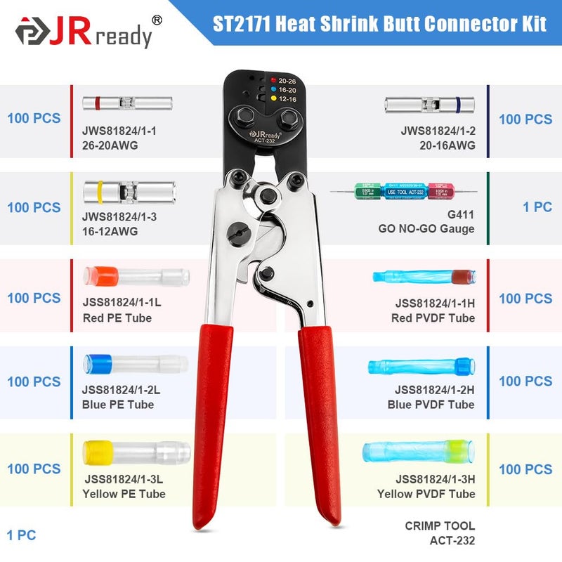 JRready ST2171 IP68 Waterproof Wire Connectors Kit with ACT-232 Crimper  Butt Connectors for High Temperature Environments  26-12 AWG Butt Splices  PVDF/PE Heat Shrink Tubes  G411 Go No-Go Gauge - Image 2